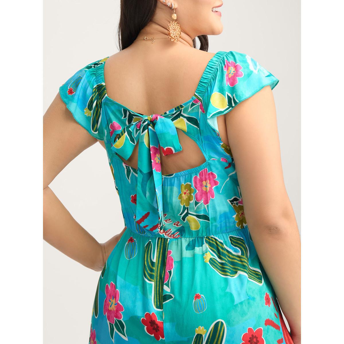 Plus Size Emerald Cactus Holiday Print Cut-Out Back Jumpsuit Women Cap Sleeve Square Neck Vacation Loose Jumpsuits BloomChic 10/M Product Image