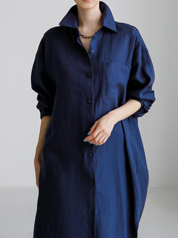 Simple Long Sleeves Split-Side Solid Color Lapel Midi Dresses Shirt Dress Product Image