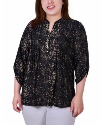 Plus Size 3/4 Roll Tab Sleeve Y-Neck Top Product Image