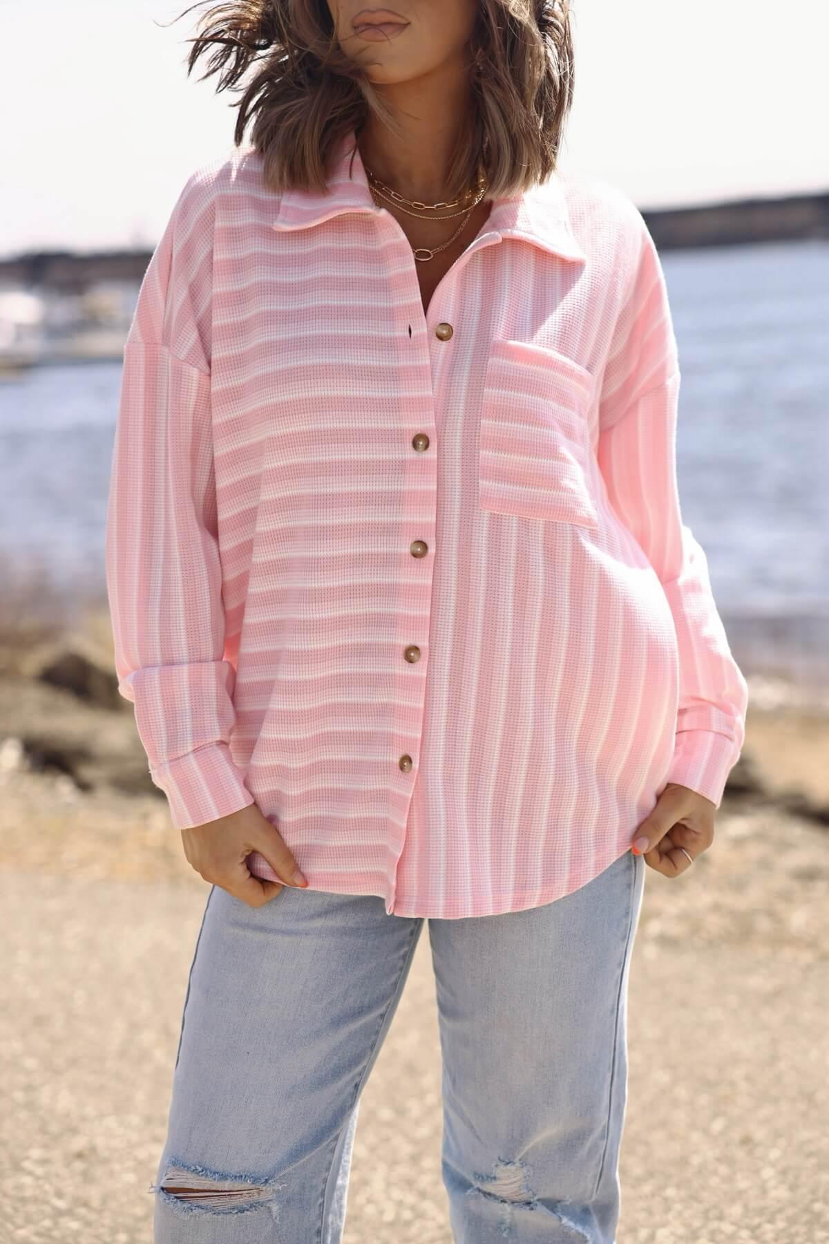 Glenn Pink and White Striped Button Down Top - FINAL SALE Product Image