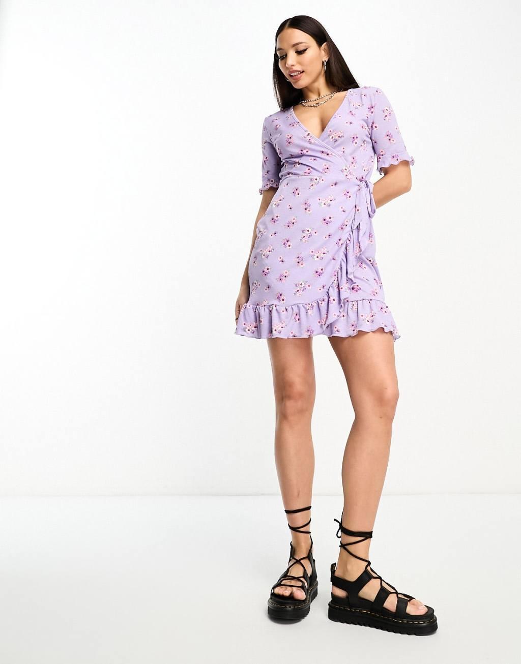 JDY Tall exclusive wrap mini tea dress in lilac vintage floral Product Image
