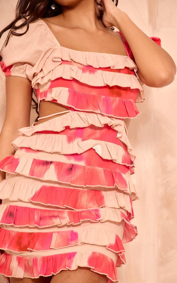 Multi Floral Print Frill Detail Cut Out Puff Sleeve Bodycon Dress Product Image