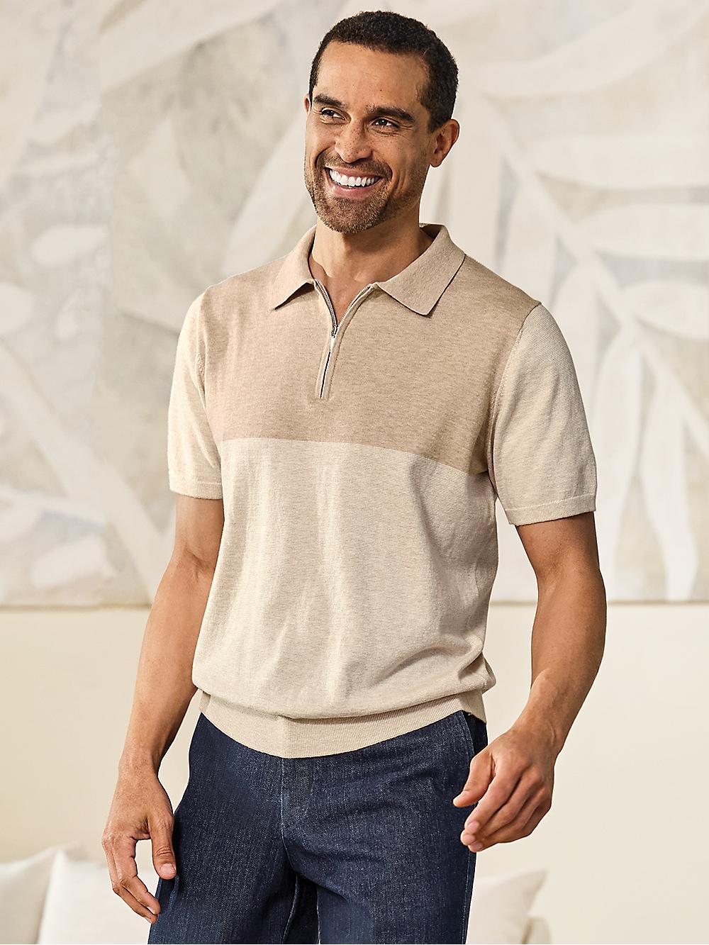 Cotton Blend Quarter Zip Polo - Blue Product Image