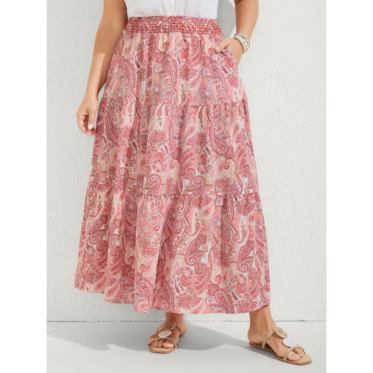 Plus Size Paisley Print Shirred Waist Midi Skirt Women Dirtypink Gathered Bodycon Low stretch Side seam pocket Vacation Skirts BloomChic 22-24/3X Product Image