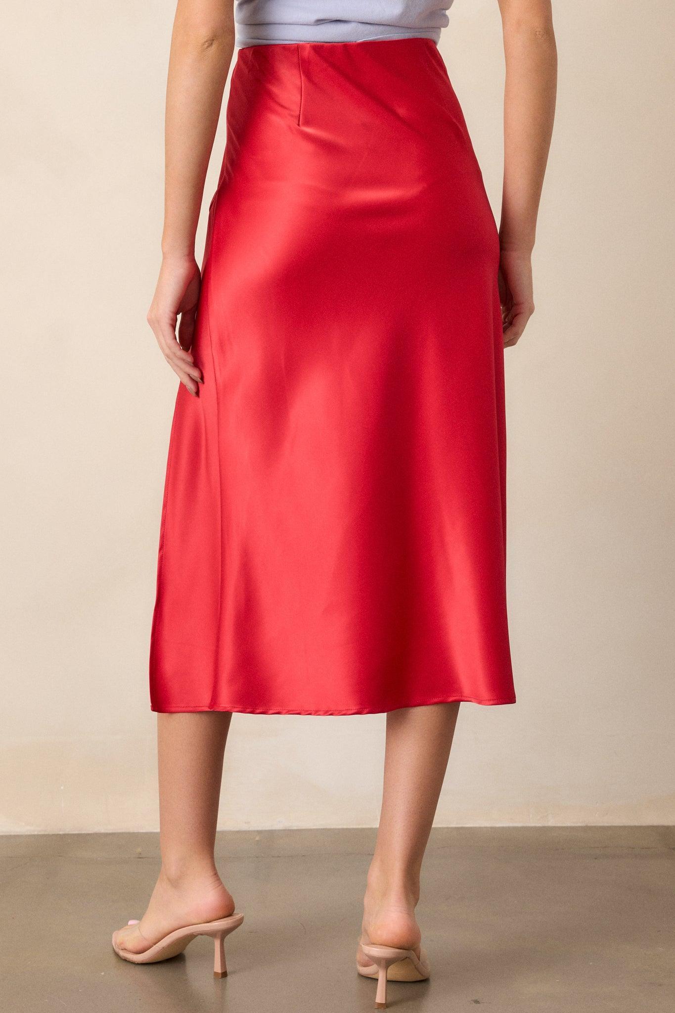 Park Avenue Glam Red Satin Midi Skirt Product Image