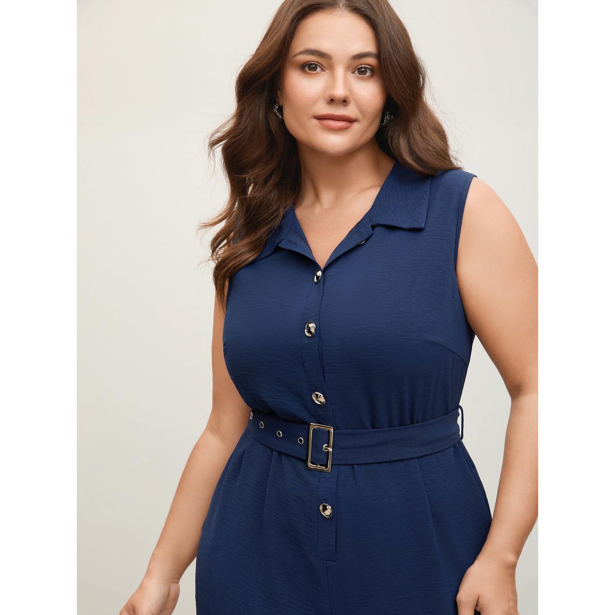 Plus Size Indigo Belted Waist-Cinched Wide-Leg Jumpsuit Women Sleeveless Shirt collar Work Loose Jumpsuits BloomChic 26/4X Product Image