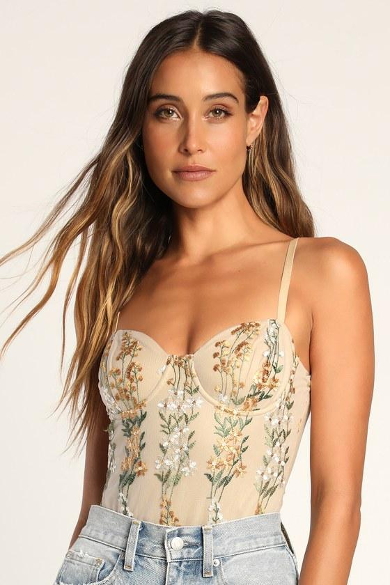 Essence of Elegance Beige Embroidered Bustier Bodysuit Product Image