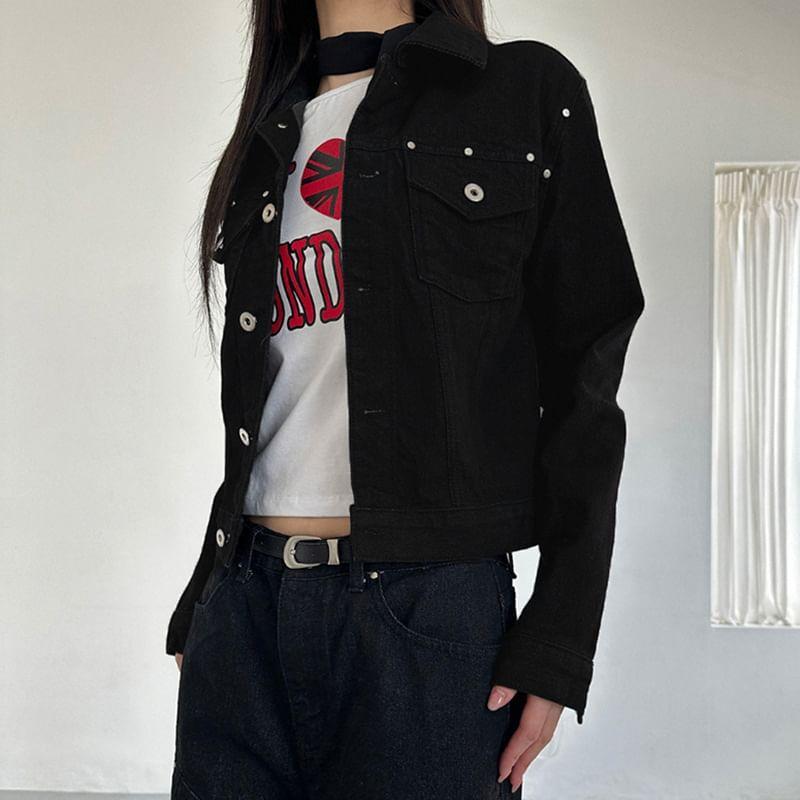 Long Sleeve Studded Denim Jacket Product Image