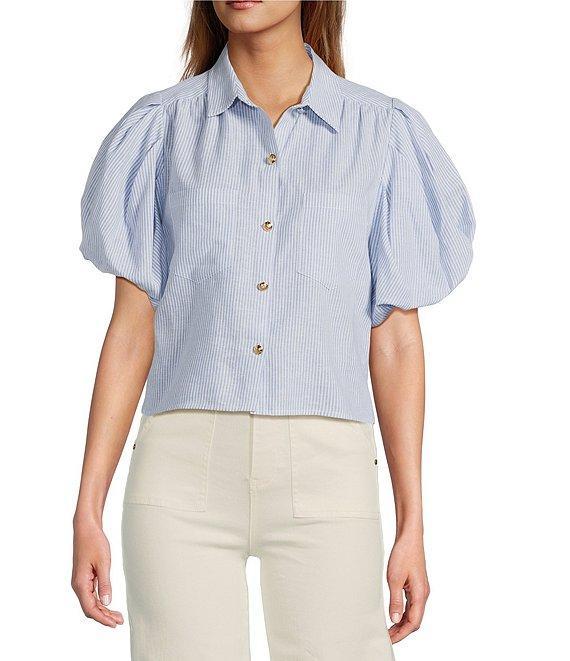 A Loves A Linen Stripe Point Collar Short Bubble Sleeve Button Front Shirt Product Image