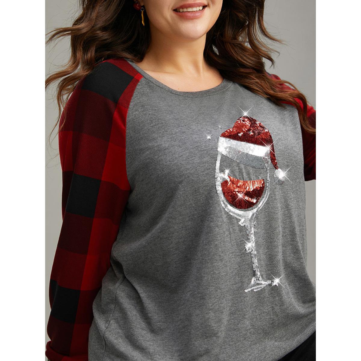 Plus Size Christmas Sequin Plaid Patchwork T-shirt Gray Women Casual Sequin Christmas Festival-Christmas T-shirts BloomChic 30/6X Product Image