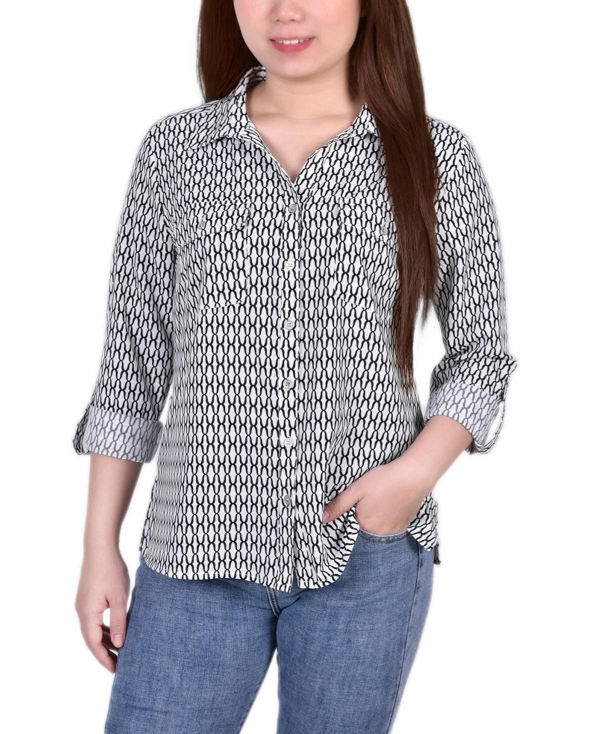 Petite 3/4 Sleeve Roll Tab Notch Collar Blouse - Coffee Bean Product Image