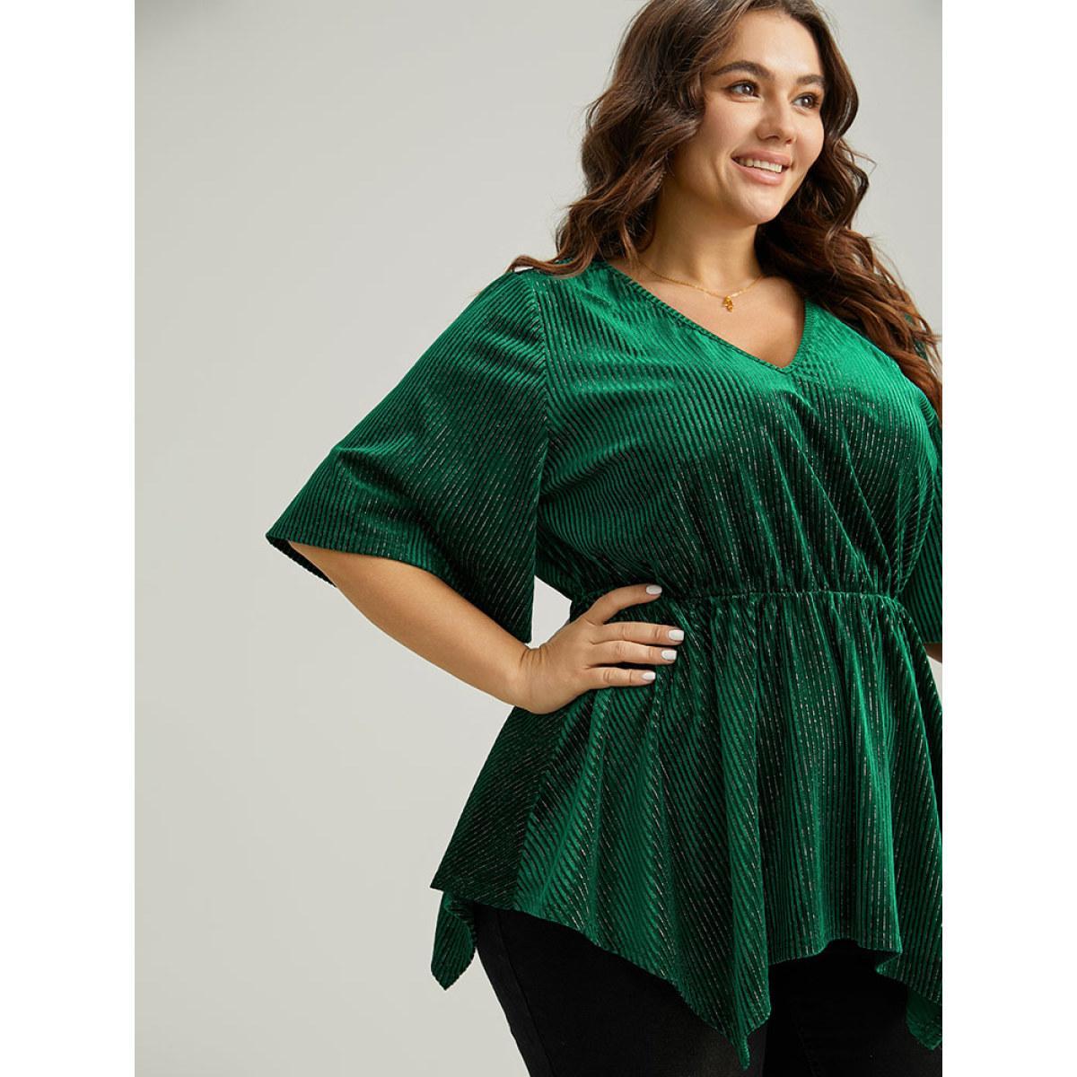 Plus Size DarkGreen Velvet Elastic Waist Ruffle Sleeve Hanky Hem Blouse Women Glamour Short sleeve V-neck Festival-Christmas Blouses BloomChic 10/M Product Image