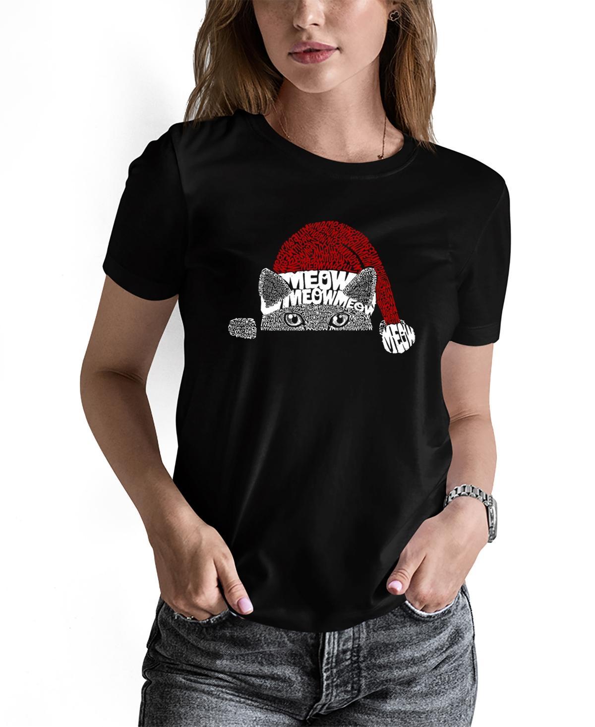 La Pop Art Womens Christmas Peeking Cat Word Art Short Sleeve T-shirt Product Image