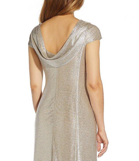 Adrianna Papell Glitter Cowl Neck Draped Back Cap Sleeve A-Line Gown Product Image