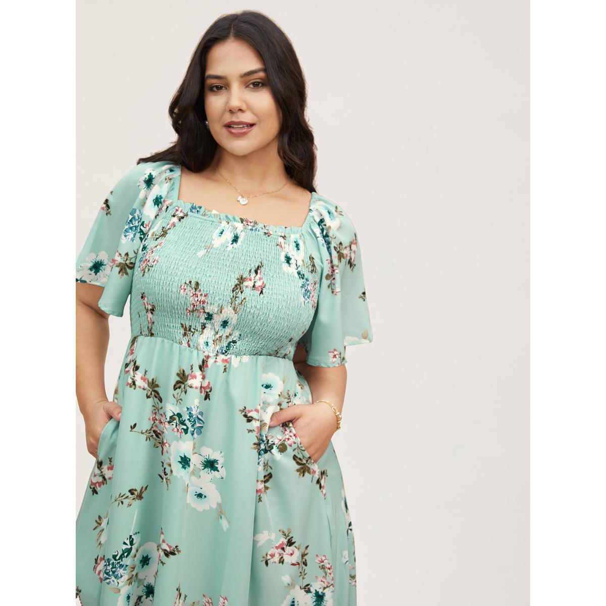 Plus Size Floral Square Neck Ruffles Pocket Shirred Split Dress Turquoise Women Elegant Non Square Neck Short sleeve Curvy BloomChic 10/M Product Image