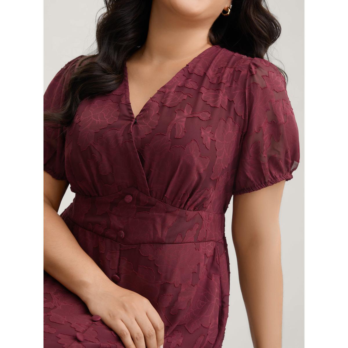Plus Size Solid Textured Lantern Sleeve Button Detail Dress Burgundy Women Elegant Button V-neck Short sleeve Curvy BloomChic 12/L Product Image