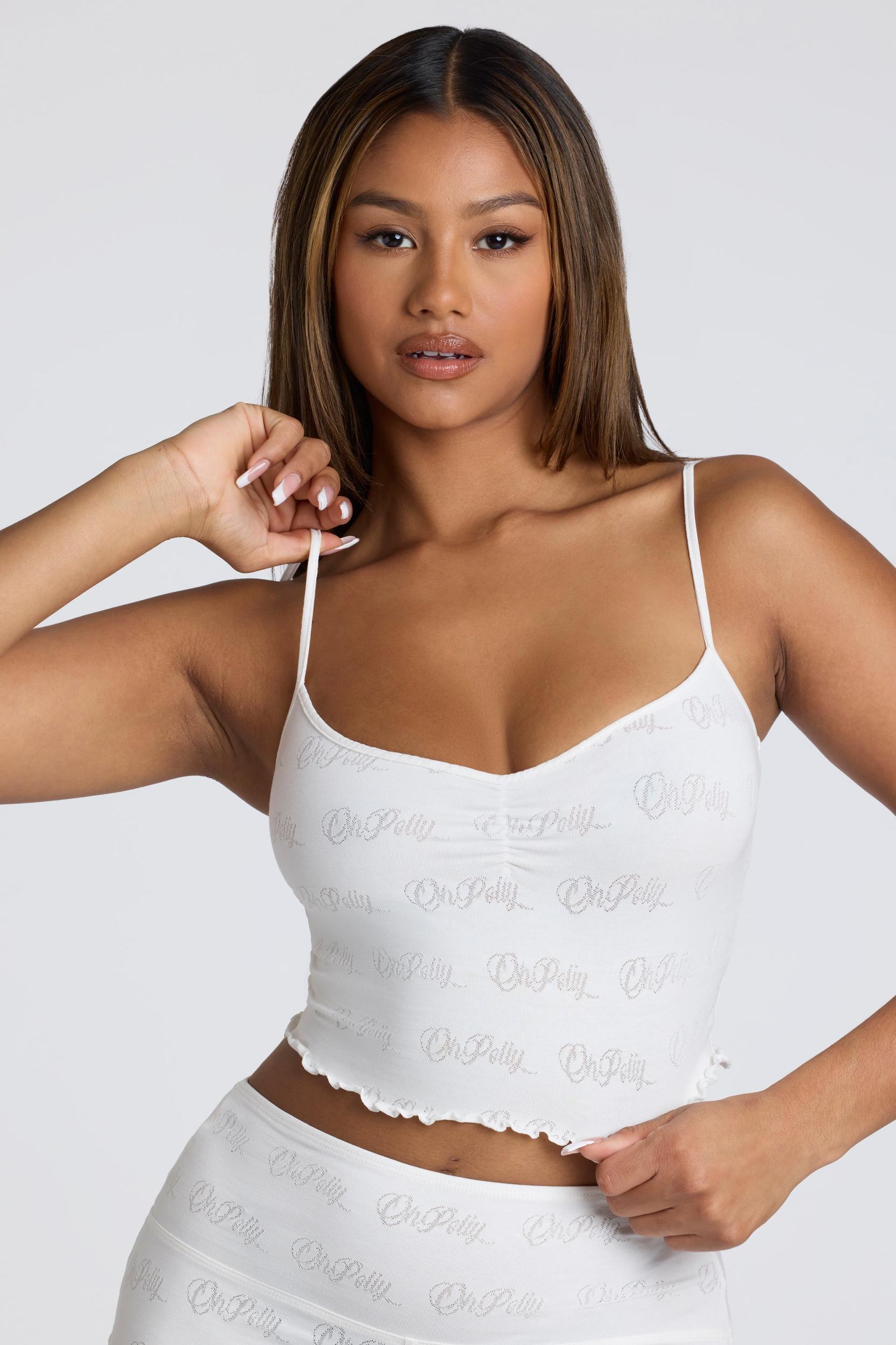 Strappy Ruched Pointelle Crop Top in White Product Image