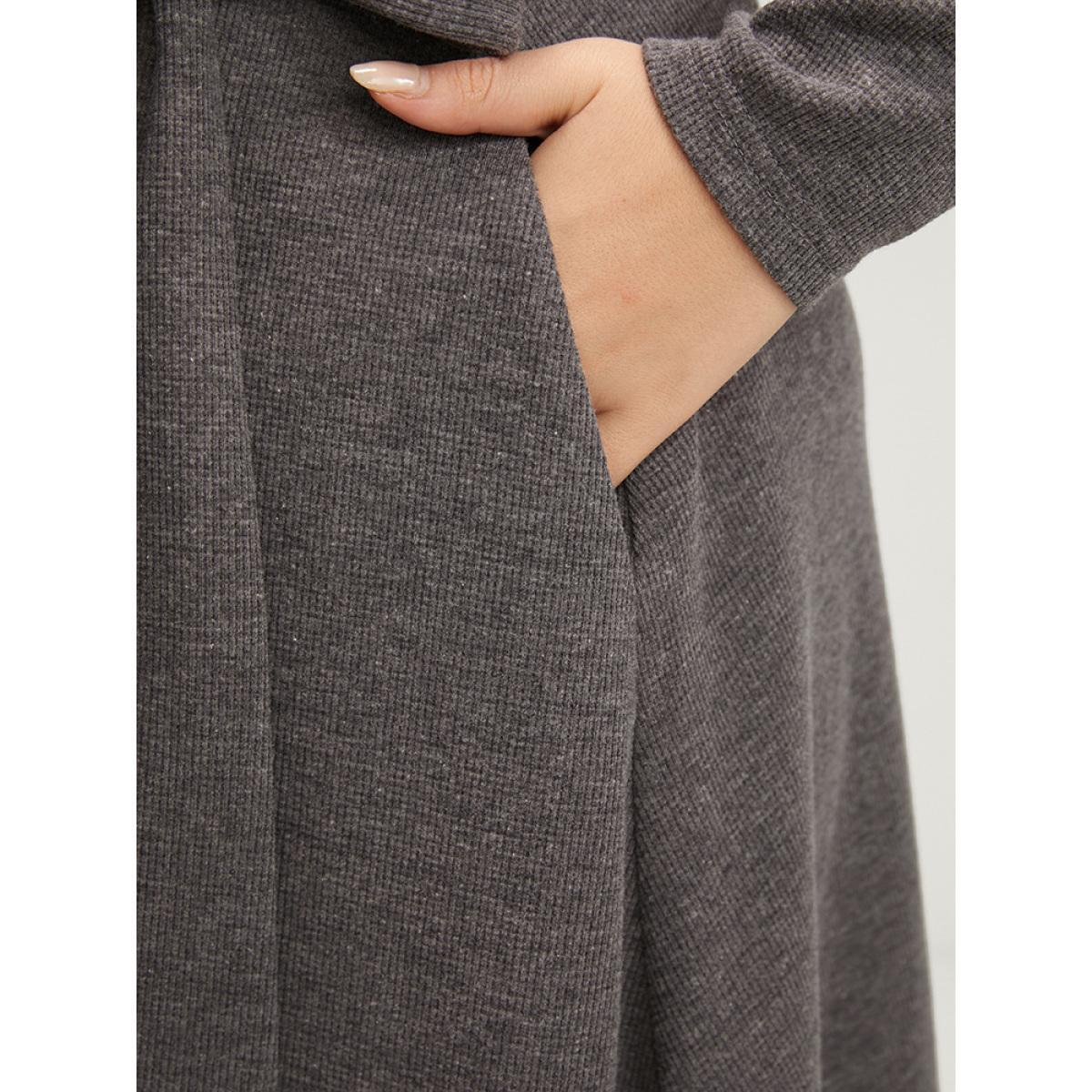 Plus Size Solid Pocket Button Up Belted Rib Knit Dress DarkGray Women Elegant Button V-neck Long Sleeve Curvy Midi Dress BloomChic 30/6X Product Image