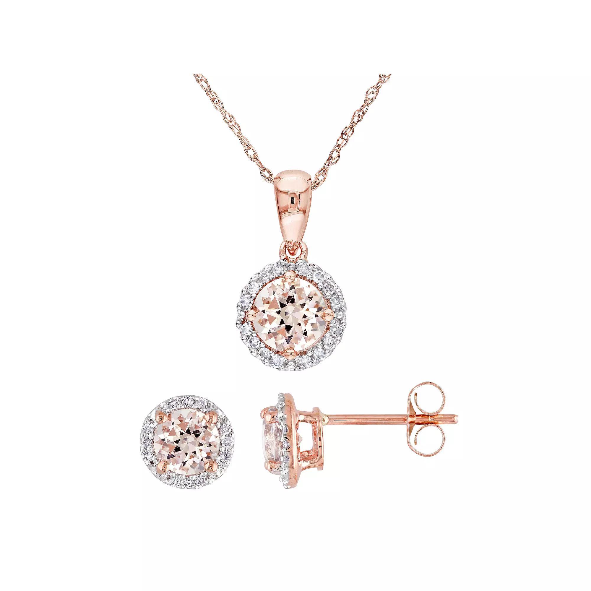Stella Grace 10k Rose Gold Morganite & 1/6 Carat T.W. Diamond Halo Stud Earrings & Necklace Set, Women's, Size: 17", 10k Rsgold Product Image