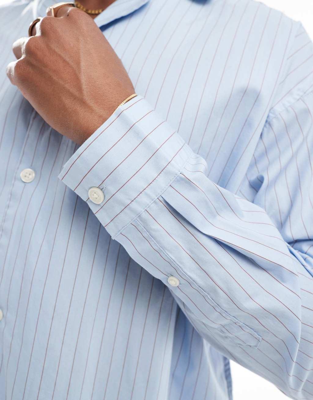 Jack & Jones oversized poplin long sleeve stripe shirt in blue Product Image