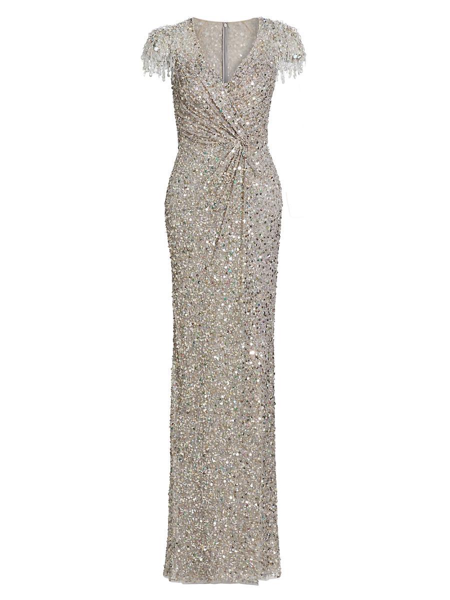 Womens Wonderful Beaded Wrap Column Gown Product Image