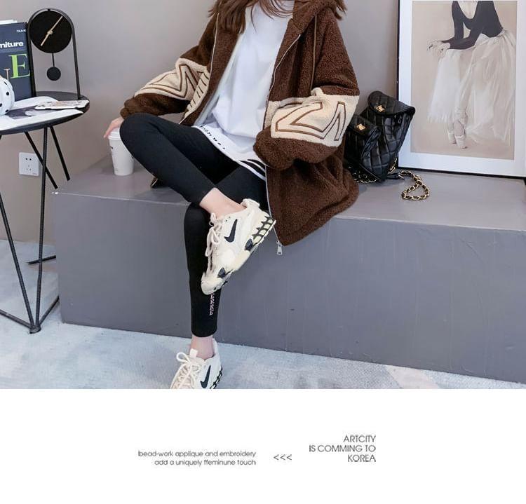 Lettering Drawstring Hooded Fleece Zip Jacket Product Image