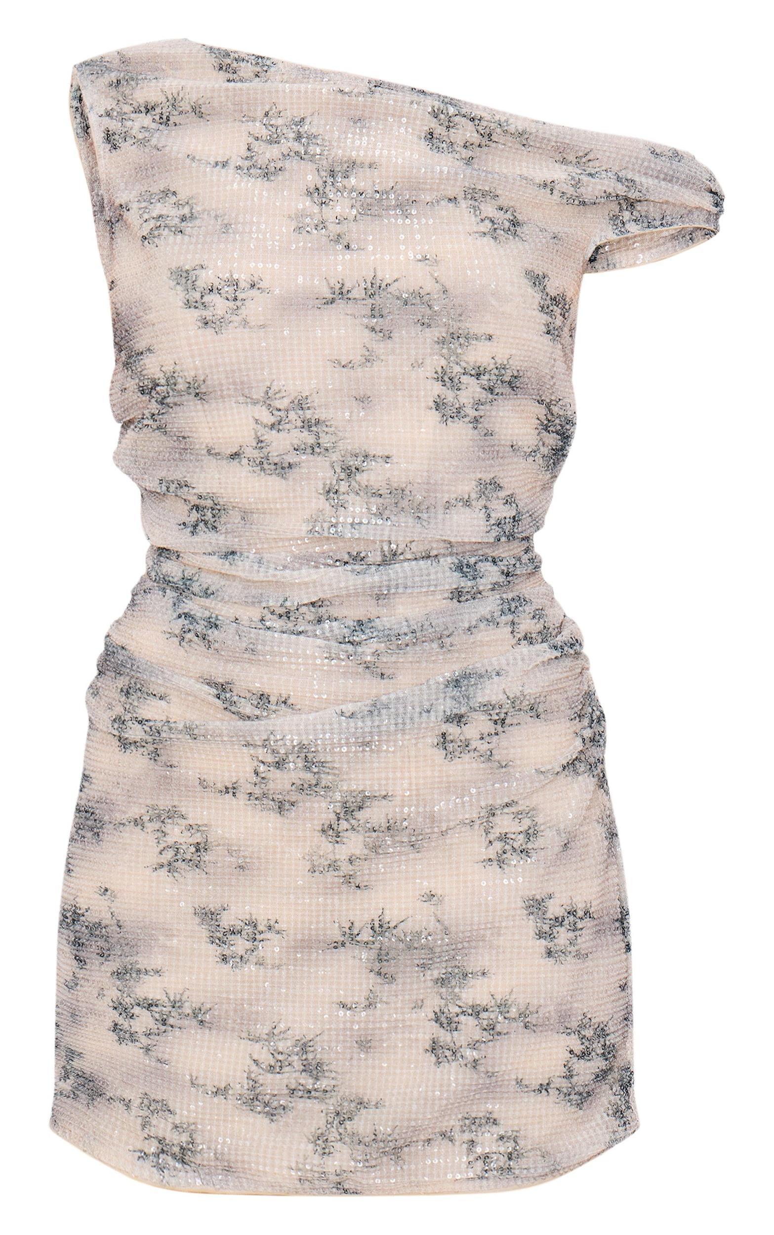 Beige Printed Textured Sequin Off Shoulder Bodycon Dress Product Image