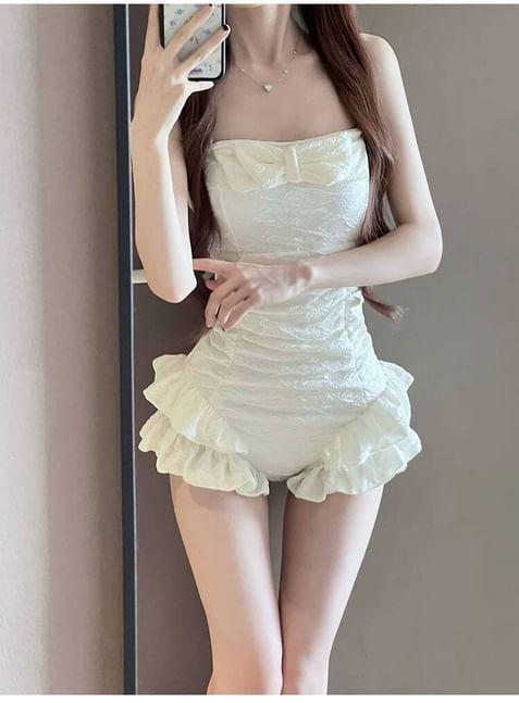 Plain Bow Ruffle Trim Swimsuit Product Image