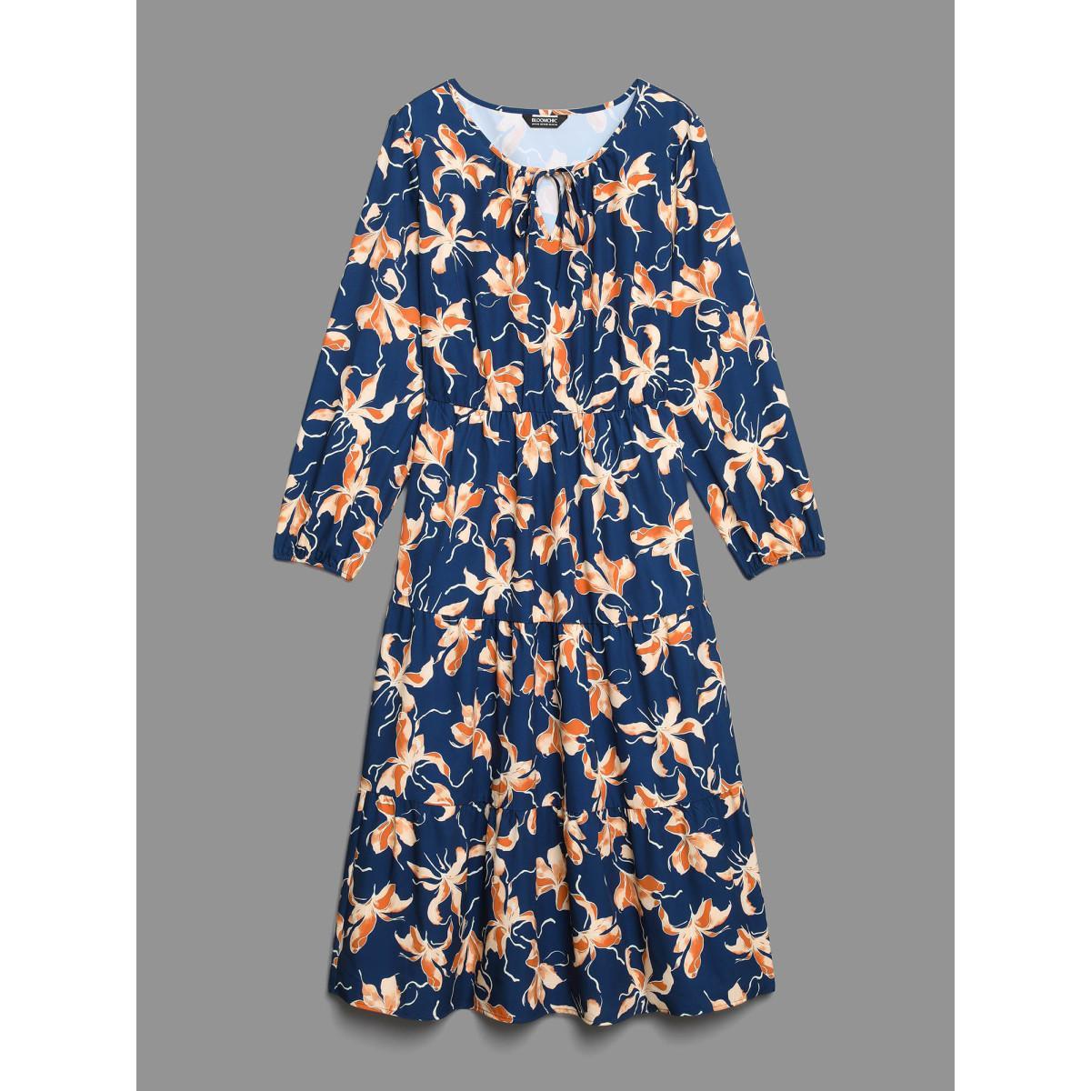 Plus Size Tropical Flower Print Pockets Waist-Tie Midi Dress Navy Women Elegant Tie knot Round Neck Long Sleeve Curvy BloomChic 12/L Product Image