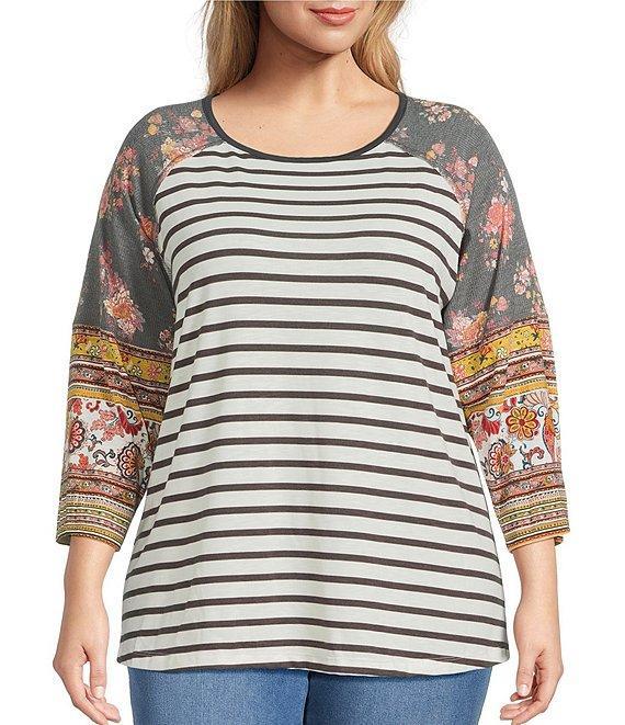 Multiples Plus Size Slub Knit Multi Printed Scoop Neck 3/4 Raglan Sleeve Top Product Image