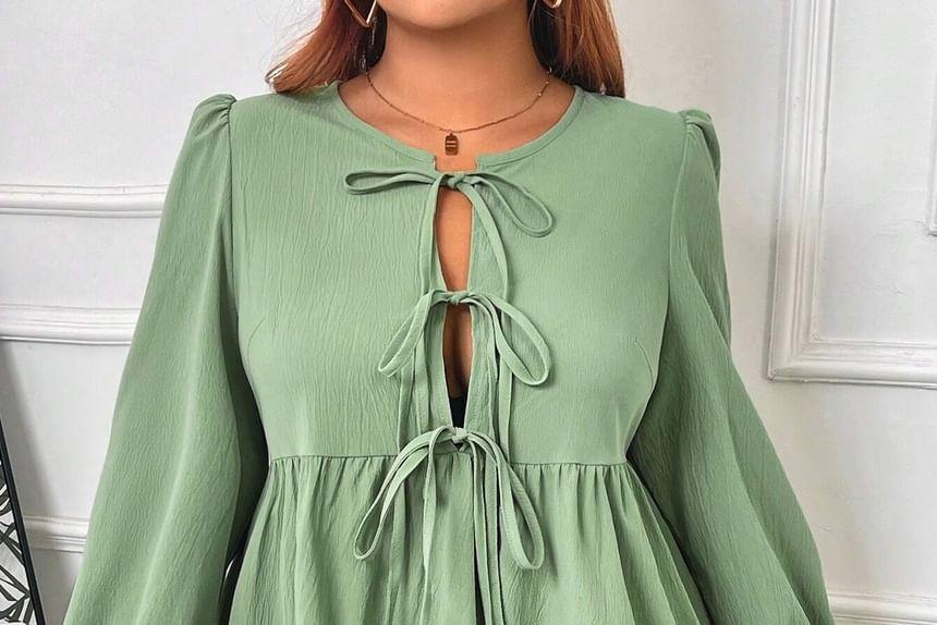 Plus Size Long-Sleeve Round Neck Plain Bow Cutout A-Line Dress Product Image