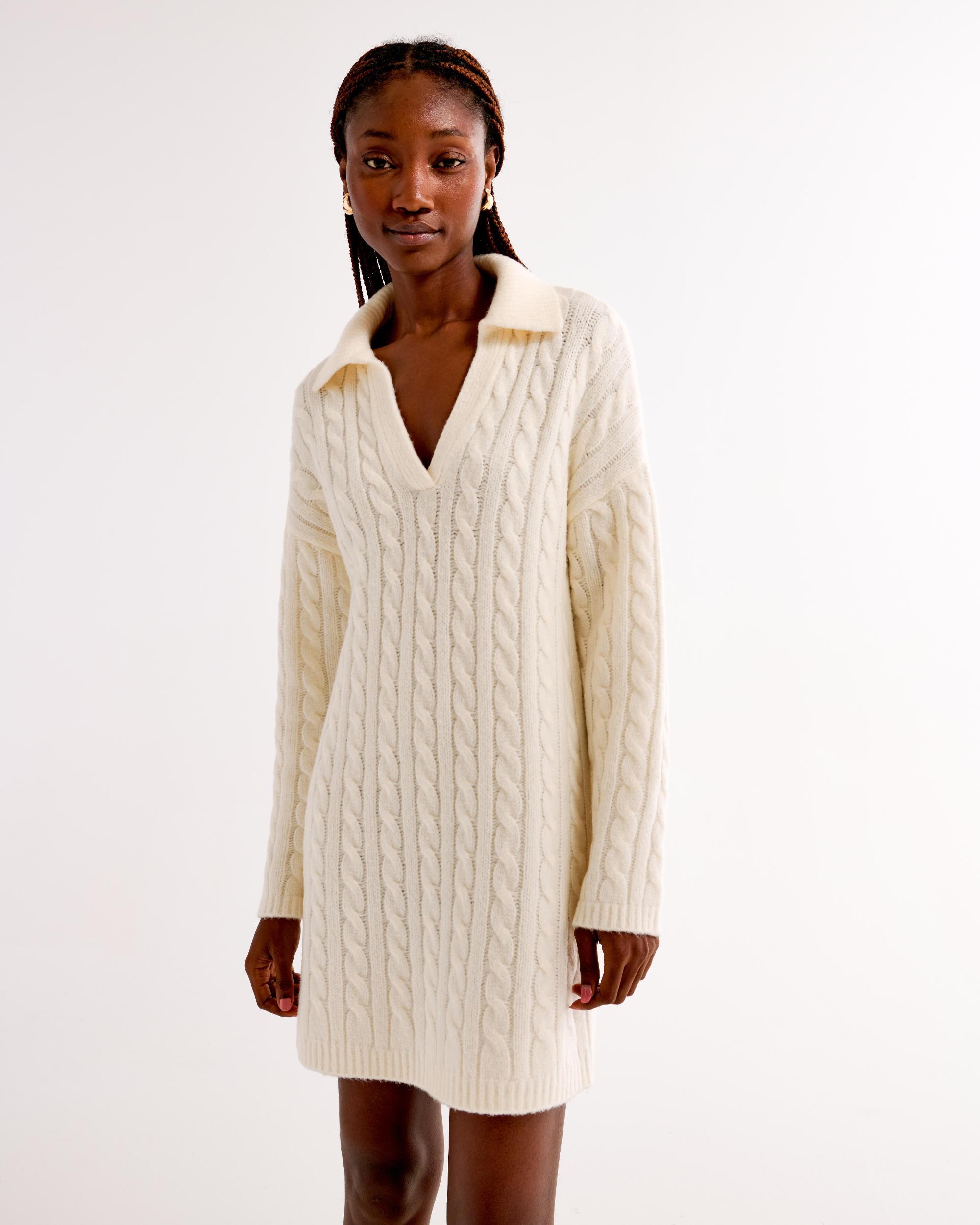 Long-Sleeve Collared Mini Sweater Dress Product Image