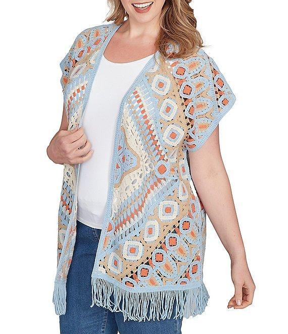 Ruby Rd. Plus Size Crochet Geometric Cap Sleeve Open-Front Cardigan Product Image