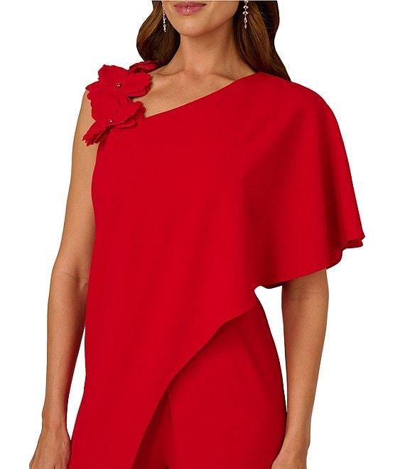 Adrianna Papell Asymmetrical Neck Floral Applique Crepe Drape Front Jumpsuit Product Image