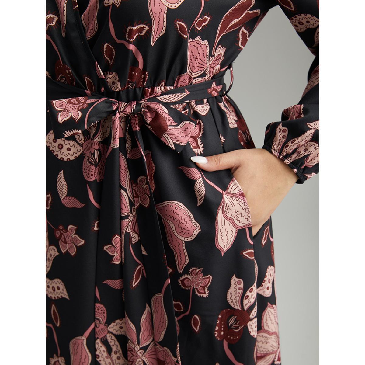Plus Size Floral Lantern Sleeve Belted Overlap Collar Dress Black Women Elegant Elastic cuffs Overlap Collar Long Sleeve Curvy Midi Dress BloomChic 14-16/1X Product Image