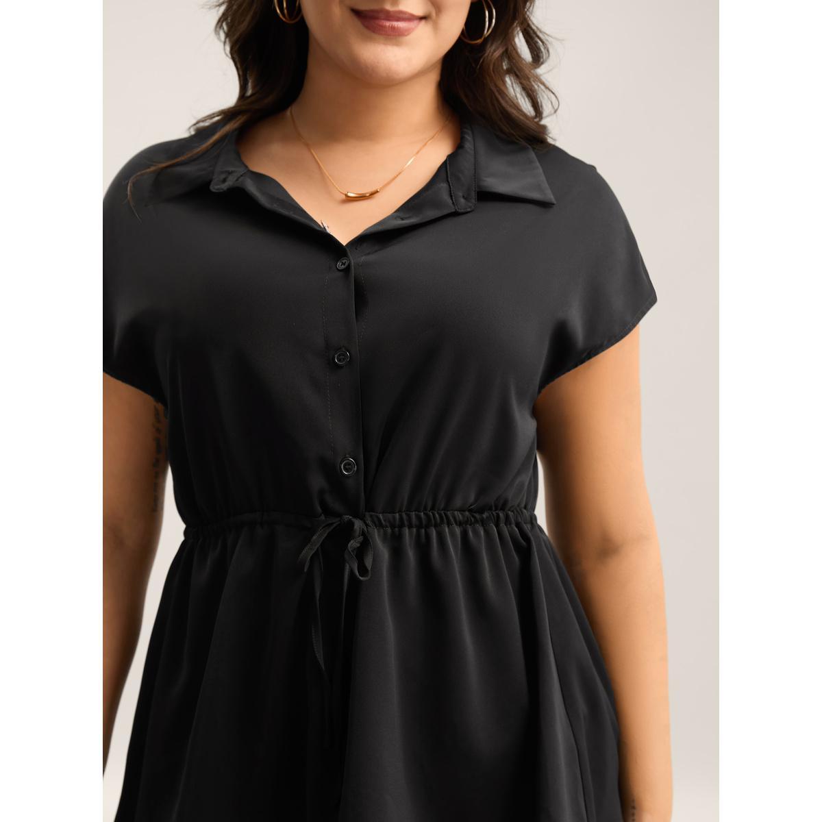 Plus Size Black Solid Drawstring Waist Blouse Women Cap Sleeve Shirt collar Work Blouses BloomChic 14-16/1X Product Image