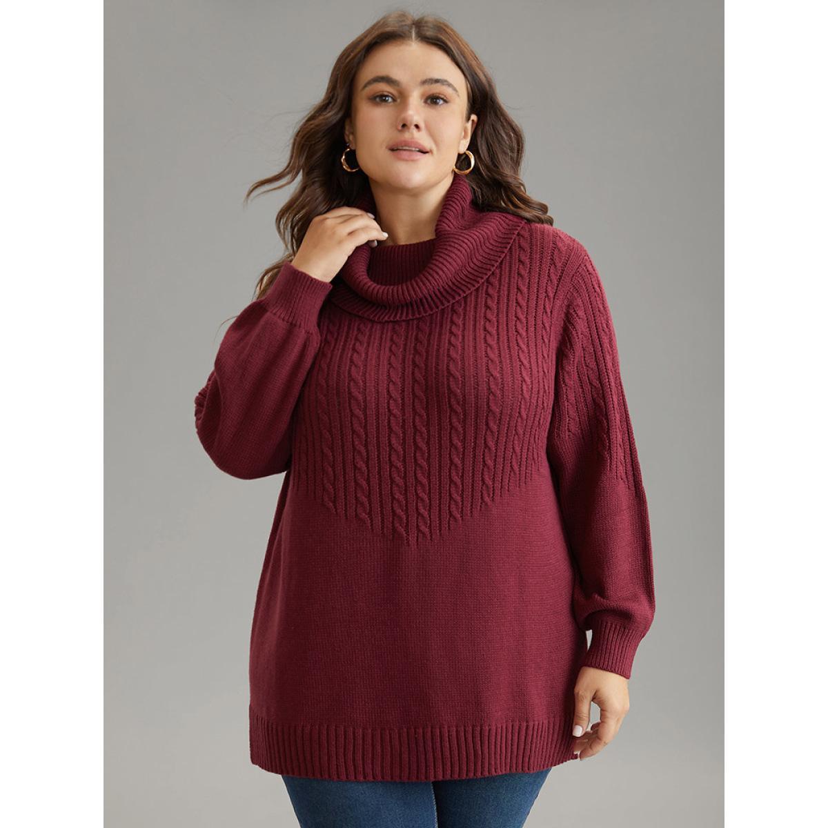 Plus Size Anti-Pilling Cable Knit Turtle Neck Patchwork Pullover Burgundy Women Casual Loose Long Sleeve Turtleneck Dailywear Pullovers BloomChic 22-24/3X Product Image