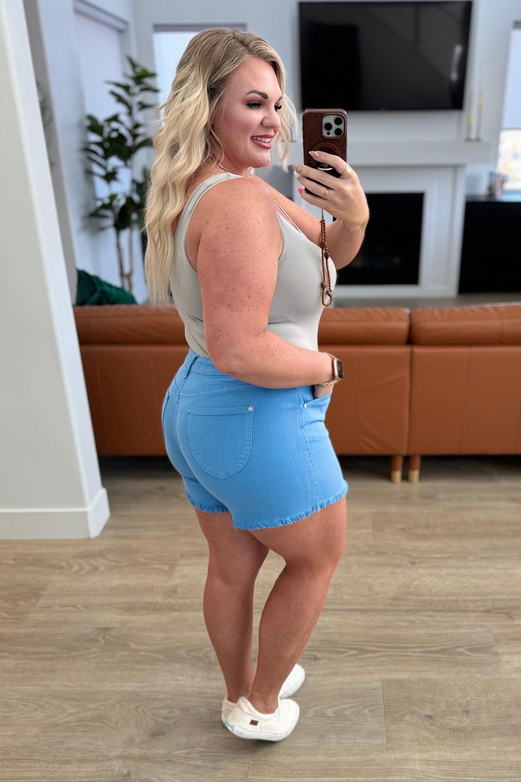 Celeste Mid Rise Shield Pocket Cutoff Shorts in Sky Blue (Online Exclusive) Product Image