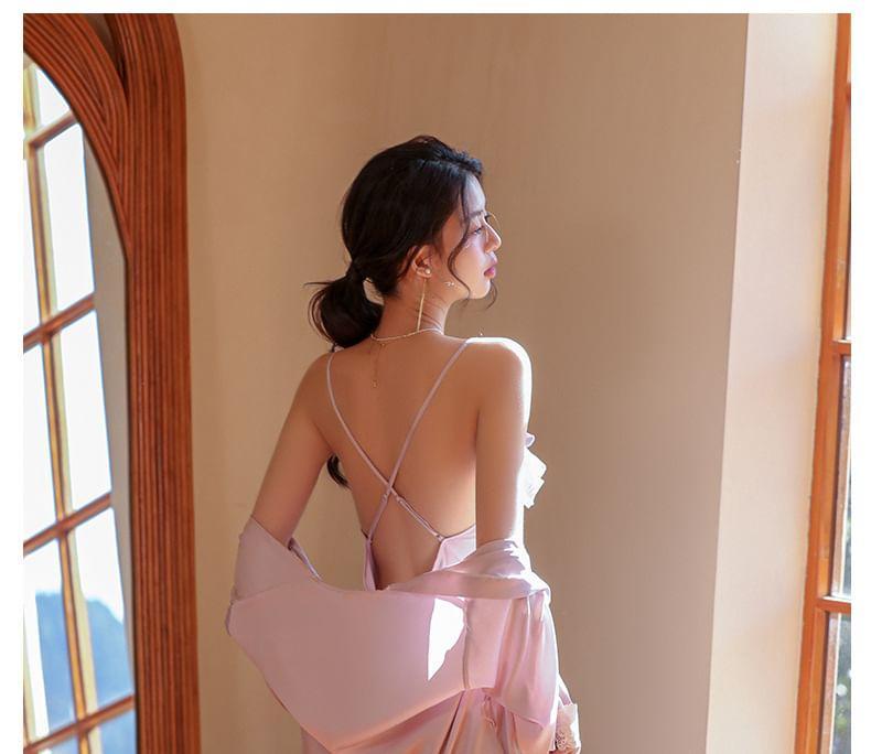 Set: Spaghetti Strap Lace Panel Ruffle Trim Open Back Nightdress + Pajama Robe Product Image