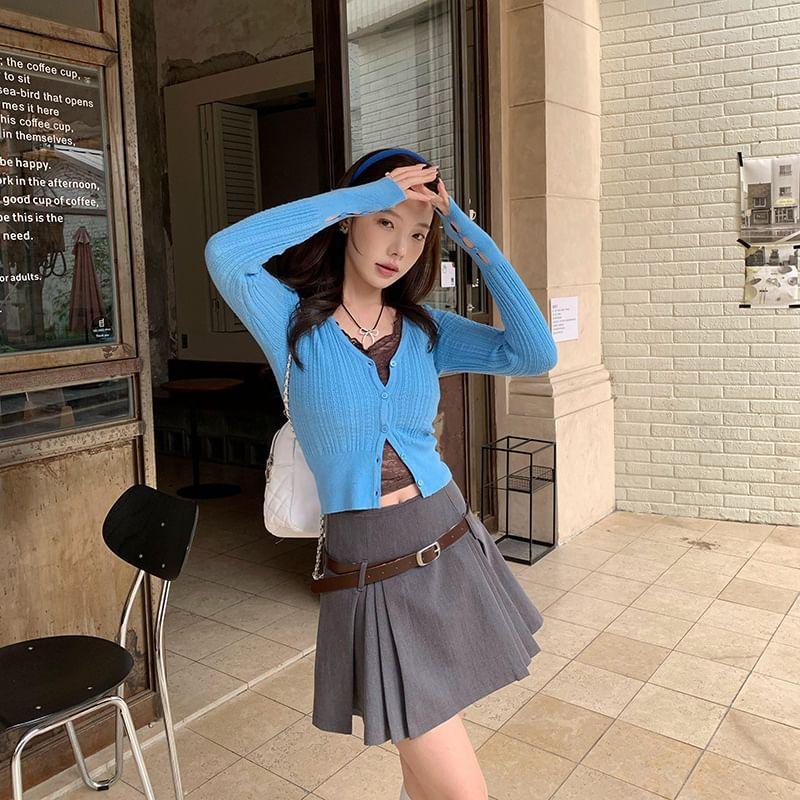 Plain Cable-Knit Cropped Cardigan Product Image