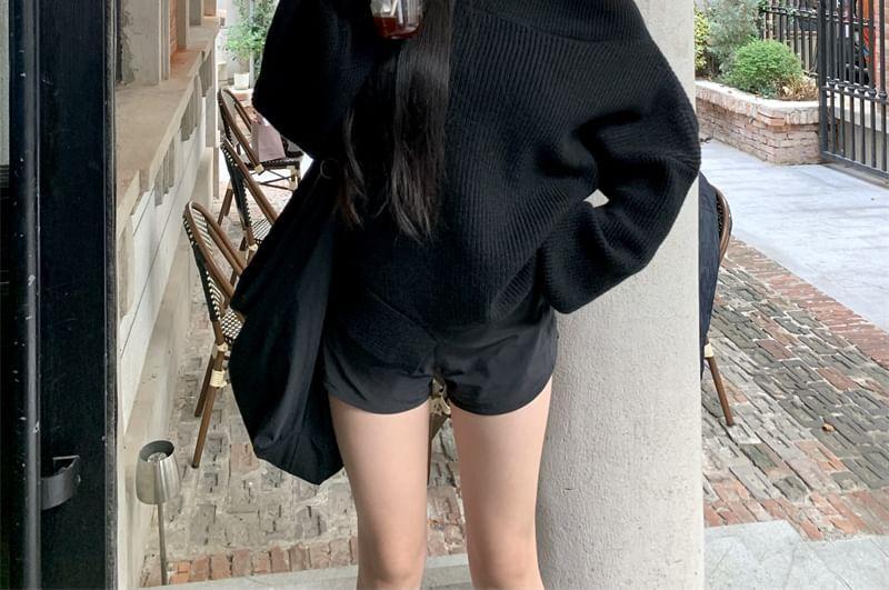 Off Shoulder Plain Ribbed Knit Oversized Sweater Product Image