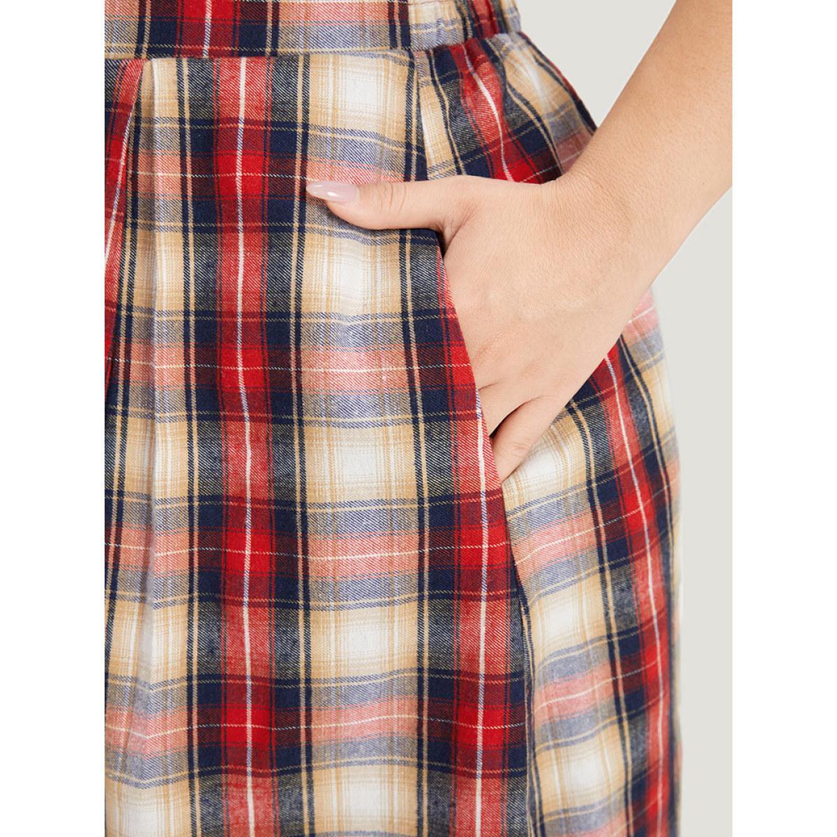 Plus Size Plaid Wideband Waist Pleated Button Detail Skirt Women Raspberry Office Button Loose No stretch Pocket Work Skirts BloomChic 22-24/3X Product Image