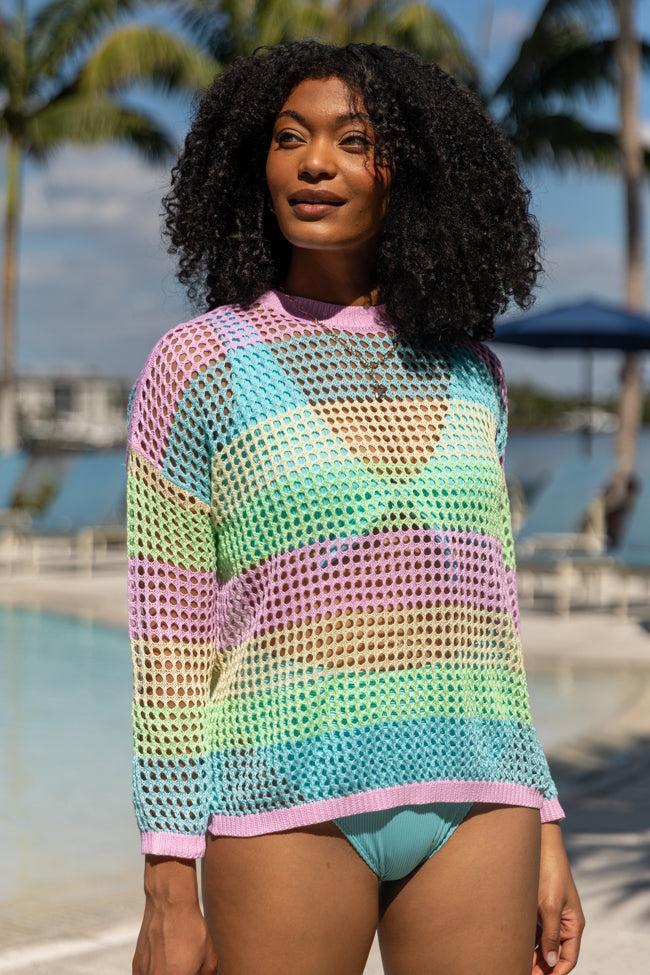 More To Come Open Knit Stripe Crew Neck Sweater Product Image
