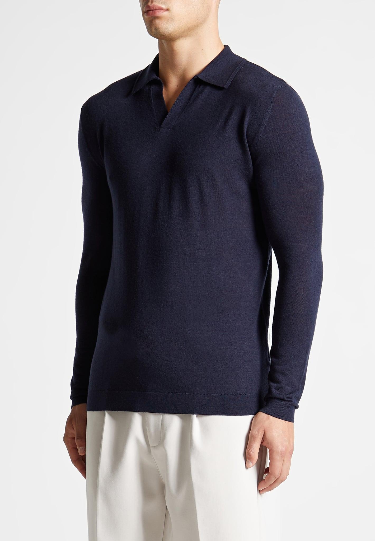 Merino Wool Long Sleeve Revere Polo Shirt - Navy Male Product Image