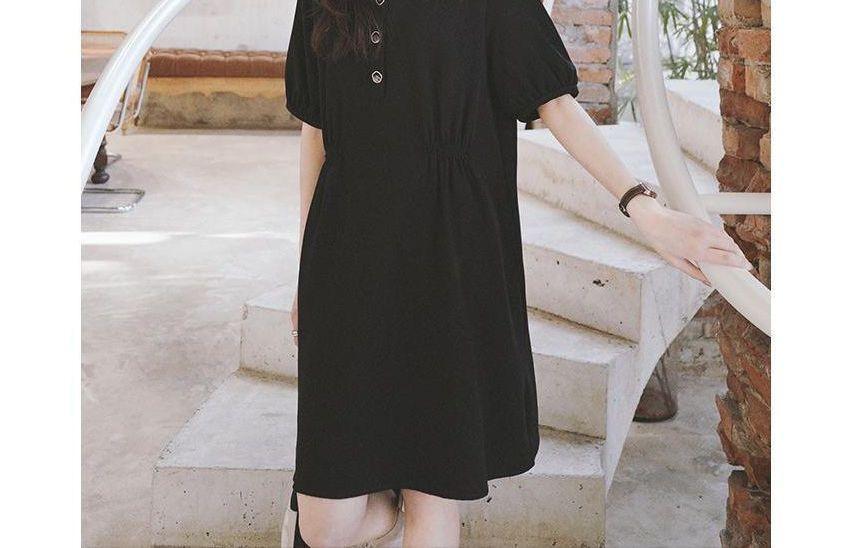 Short-Sleeve Collared Plain Button Ruched A-Line Dress Product Image