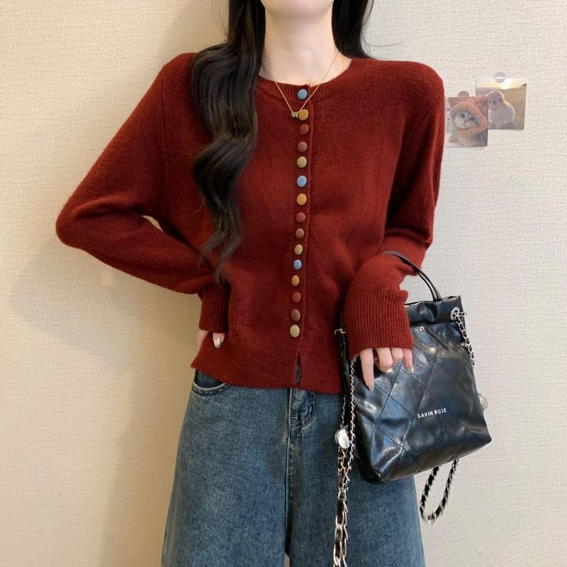 Crew Neck Plain Button-Up Cardigan Product Image