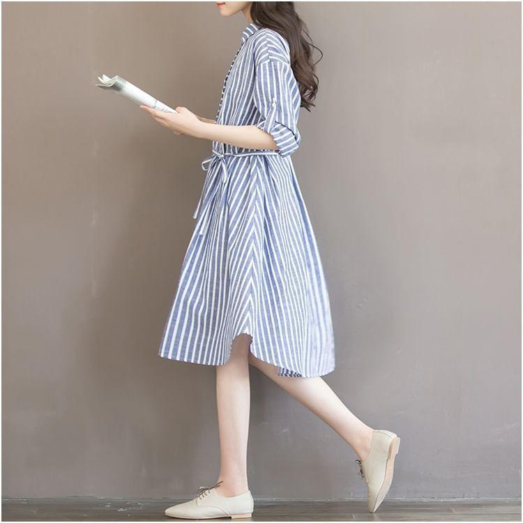 Pinstriped Long-Sleeve A-Line Shirt Dress Product Image