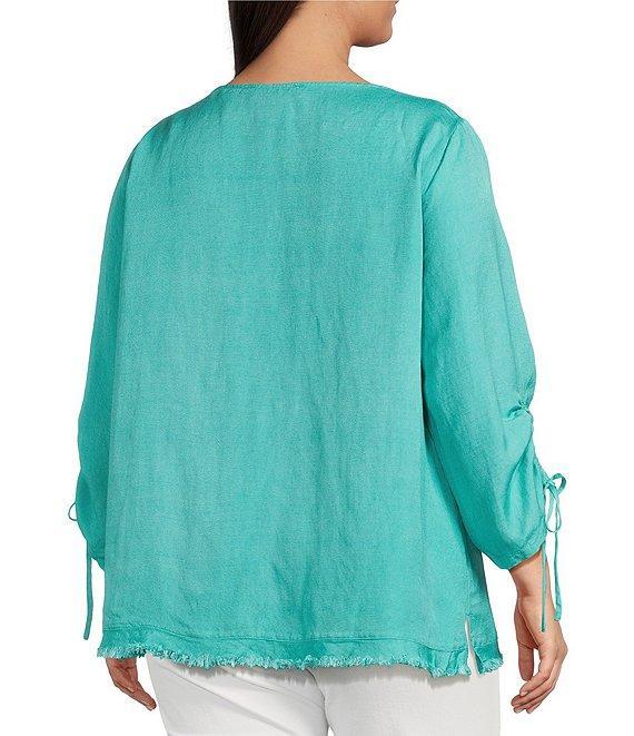 Ali Miles Plus Size Linen Blend Round Neck 3/4 Cinched Tie Sleeve Tunic Product Image