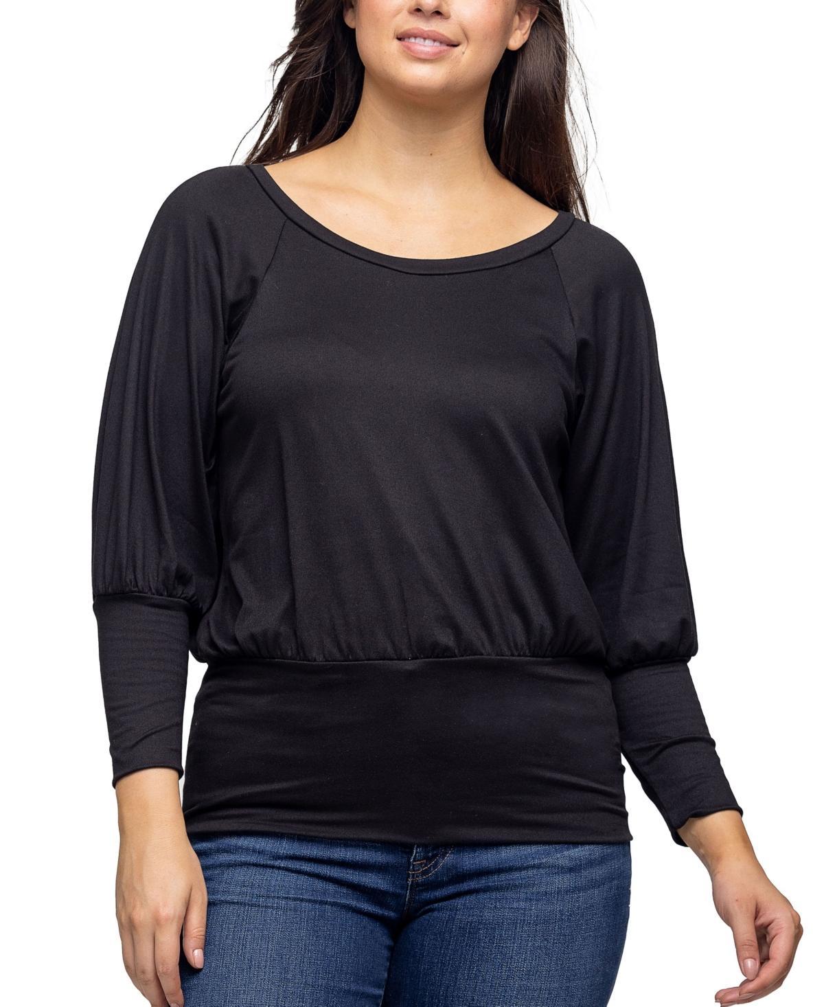 Women's 24Seven Comfort Apparel Round Neck Long Blouson Sleeve Banded Bottom Top, Size: Medium, Grey Product Image