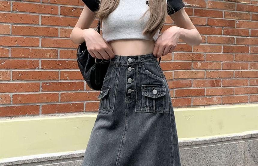 High Rise Washed Denim Maxi A-Line Skirt Product Image
